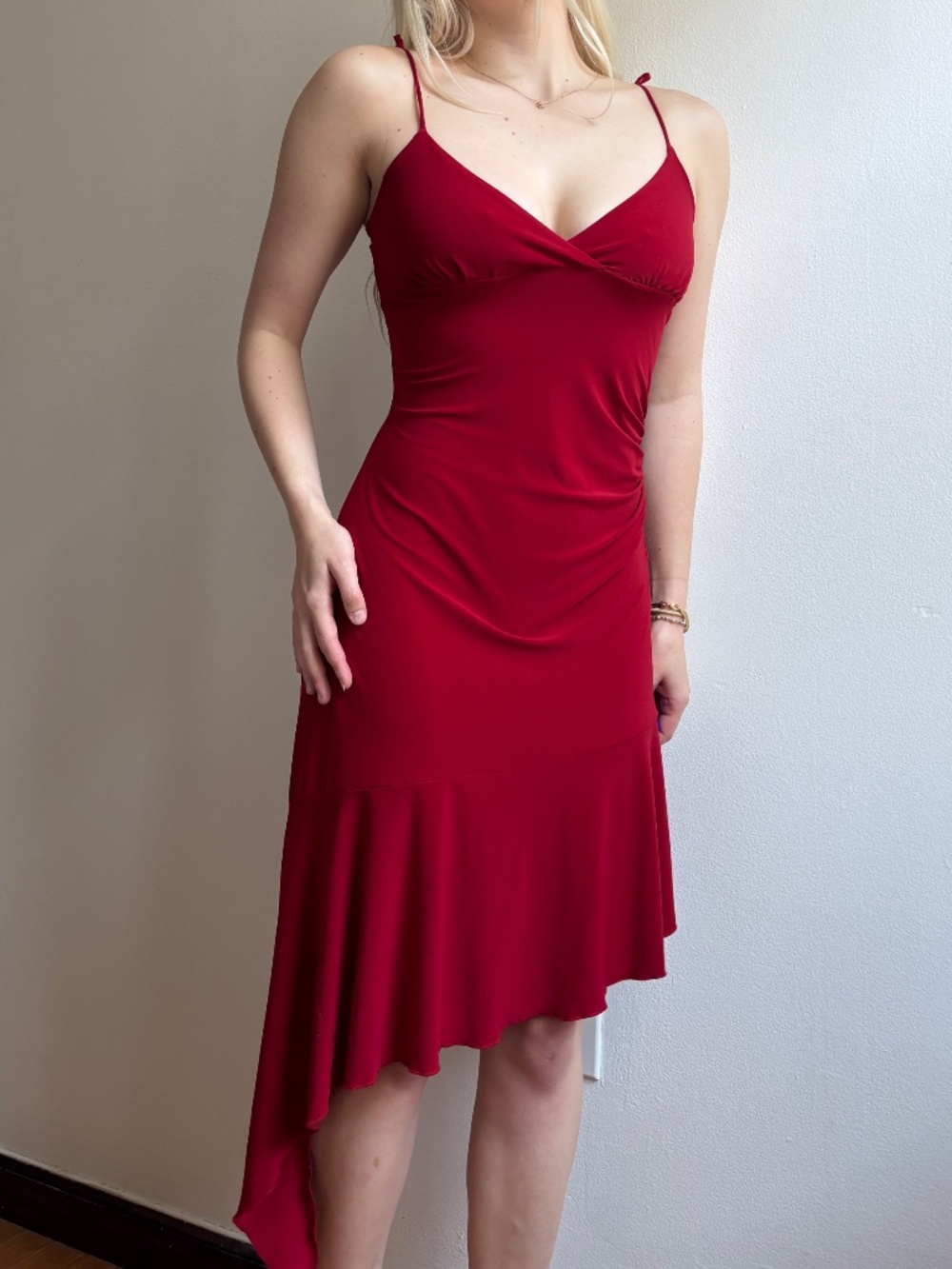 y2k red ruffled salsa whimsy goth asymmetrical dress